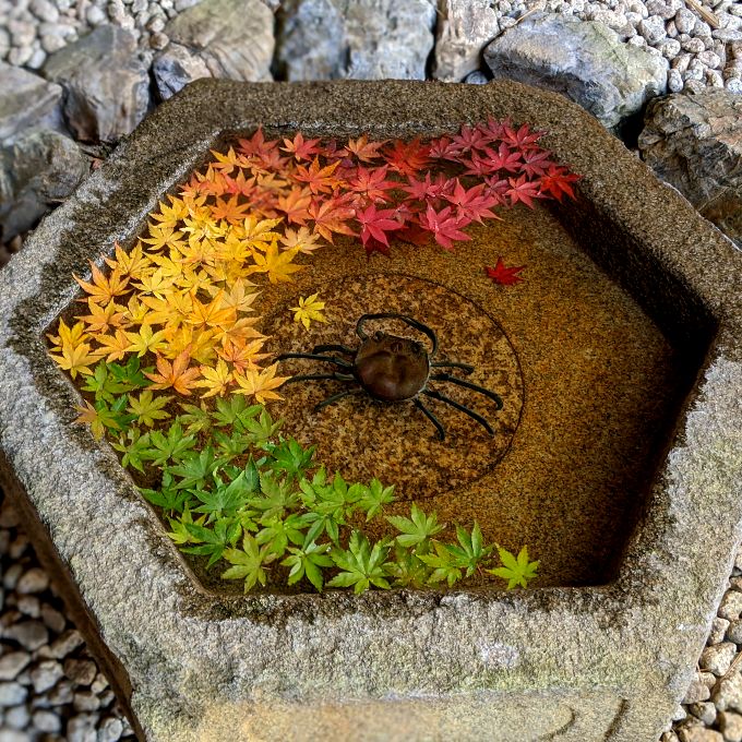 一条恵観山荘の紅葉の手水鉢