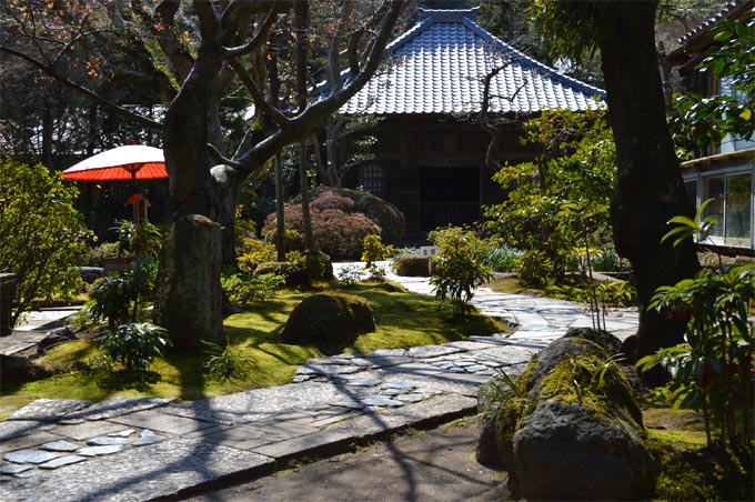 海蔵寺の庭園と赤い傘